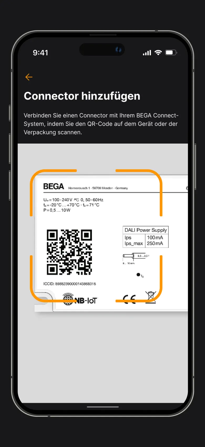 BEGA Connect App: Connector über den QR-Code auf dem Gerät hinzufügen
