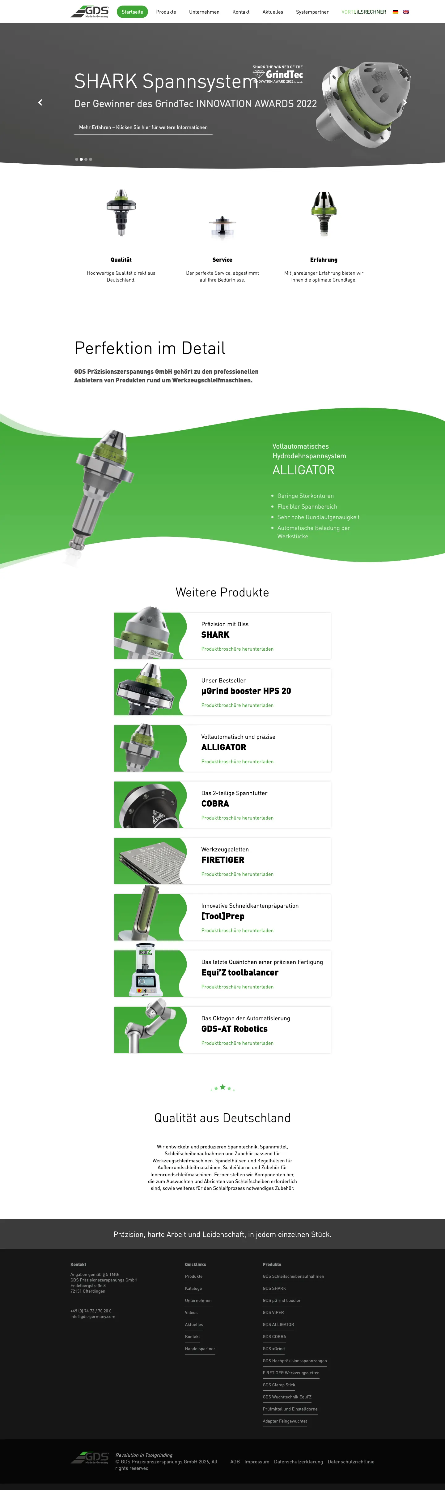 Startseite von GDS mit Precision Liner, ALLIGATOR und weiteren Produkten