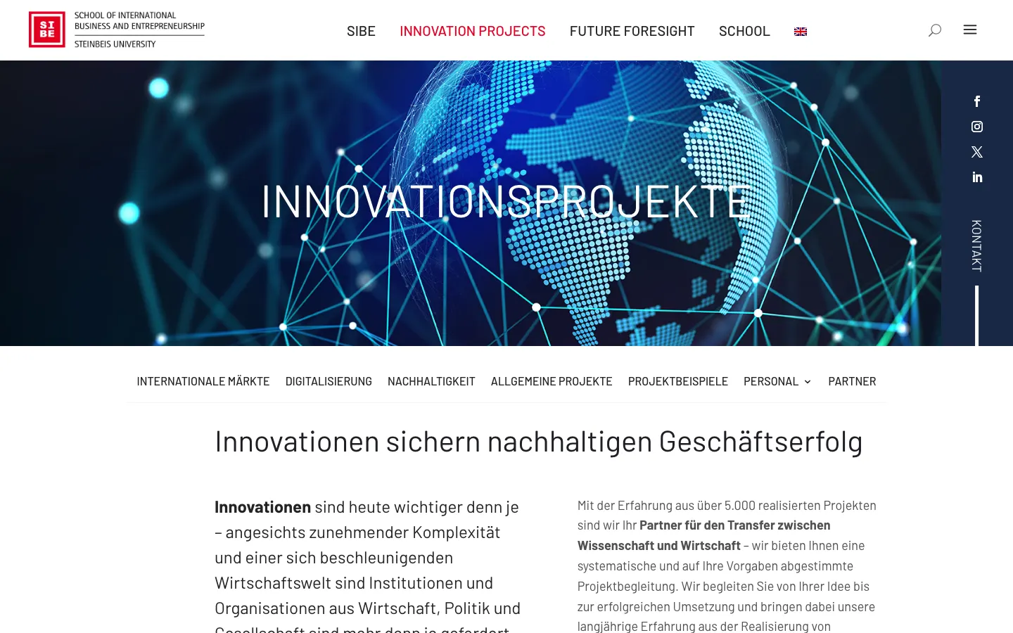 Seite Innovationsprojekte der Steinbeis SIBE